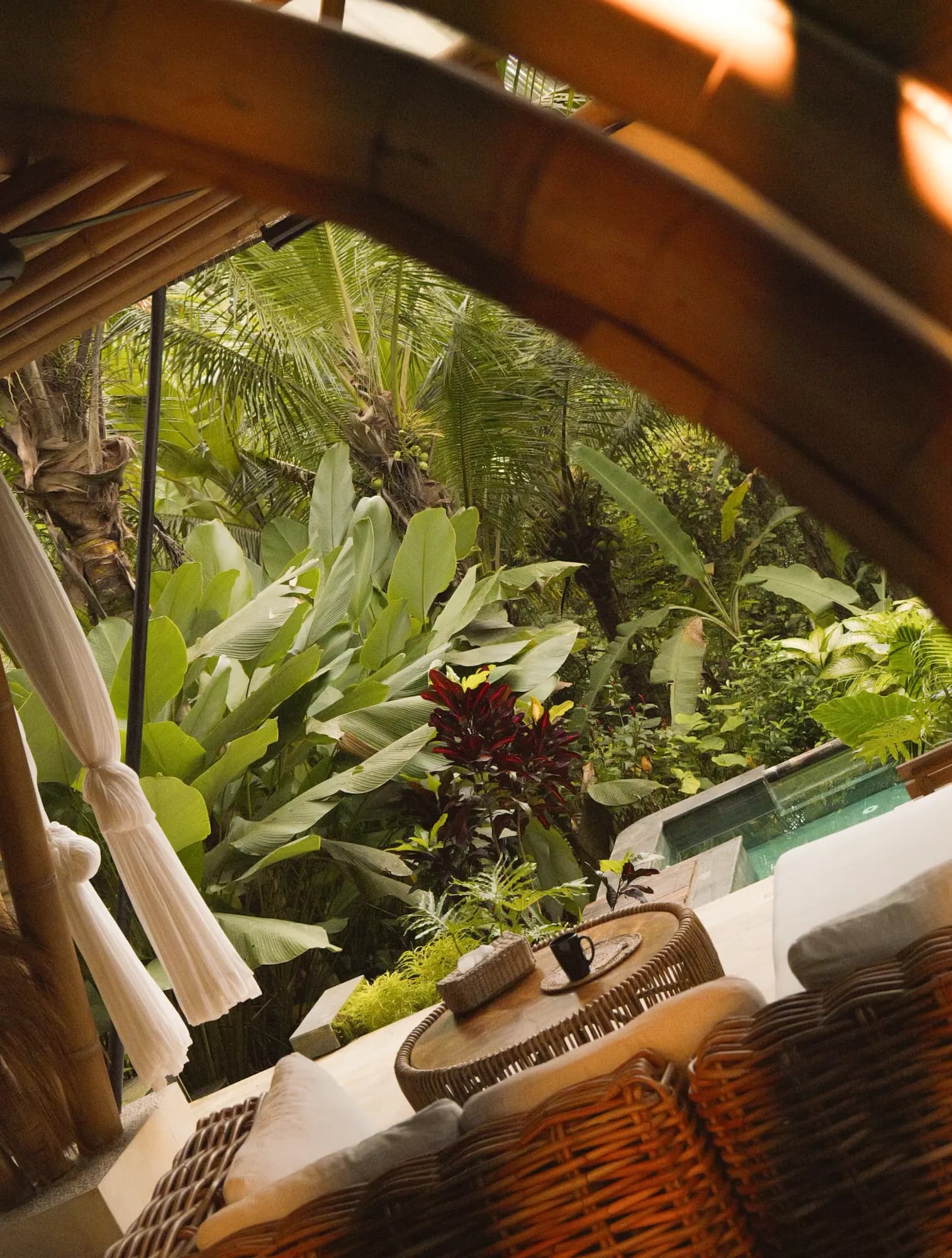 View from a bamboo pavilion out over a tropical garden